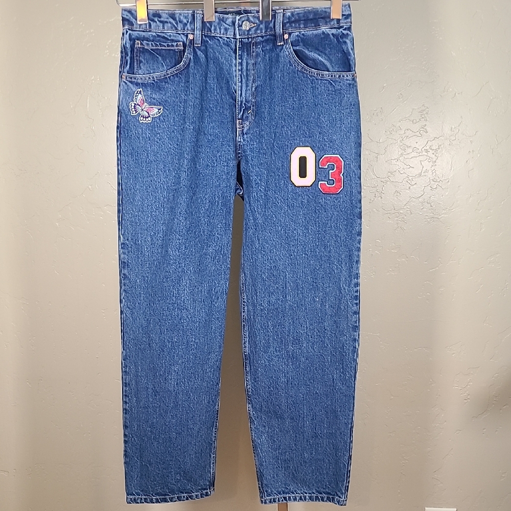Wild Fable‎ High Rise Blue Dad Jeans Butterfly Patch Size 14 100% Cotton
